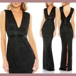 NWT‎ $598 Mac Duggal [ 4 ] 5625 Beaded Cap Sleeve V Neck Column Gown Black